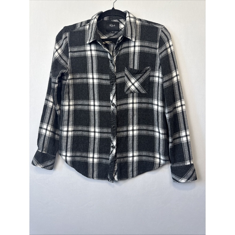 Rails Hunter Coal White Plaid Flannel Shirt Medium Gray Black White Button Front